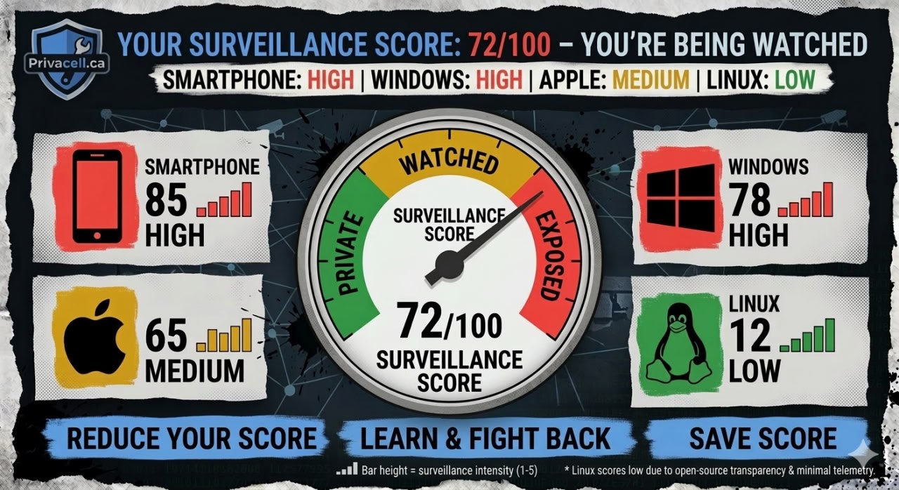 Surveillance Score visualization showing Windows, macOS, Linux, and smartphone scores